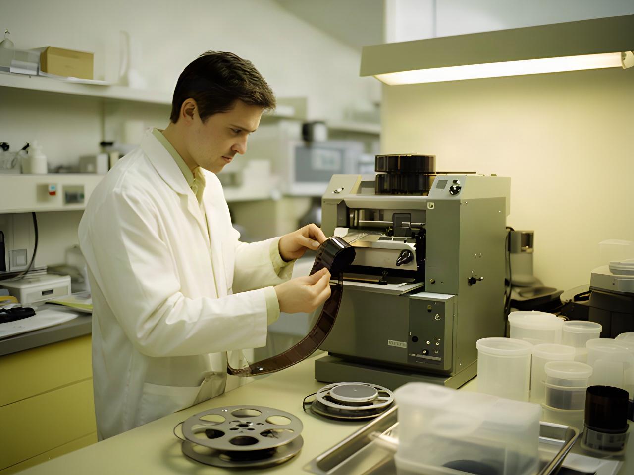 Técnica colocando un carrete de película en una máquina de revelado dentro de un laboratorio fotográfico luminoso